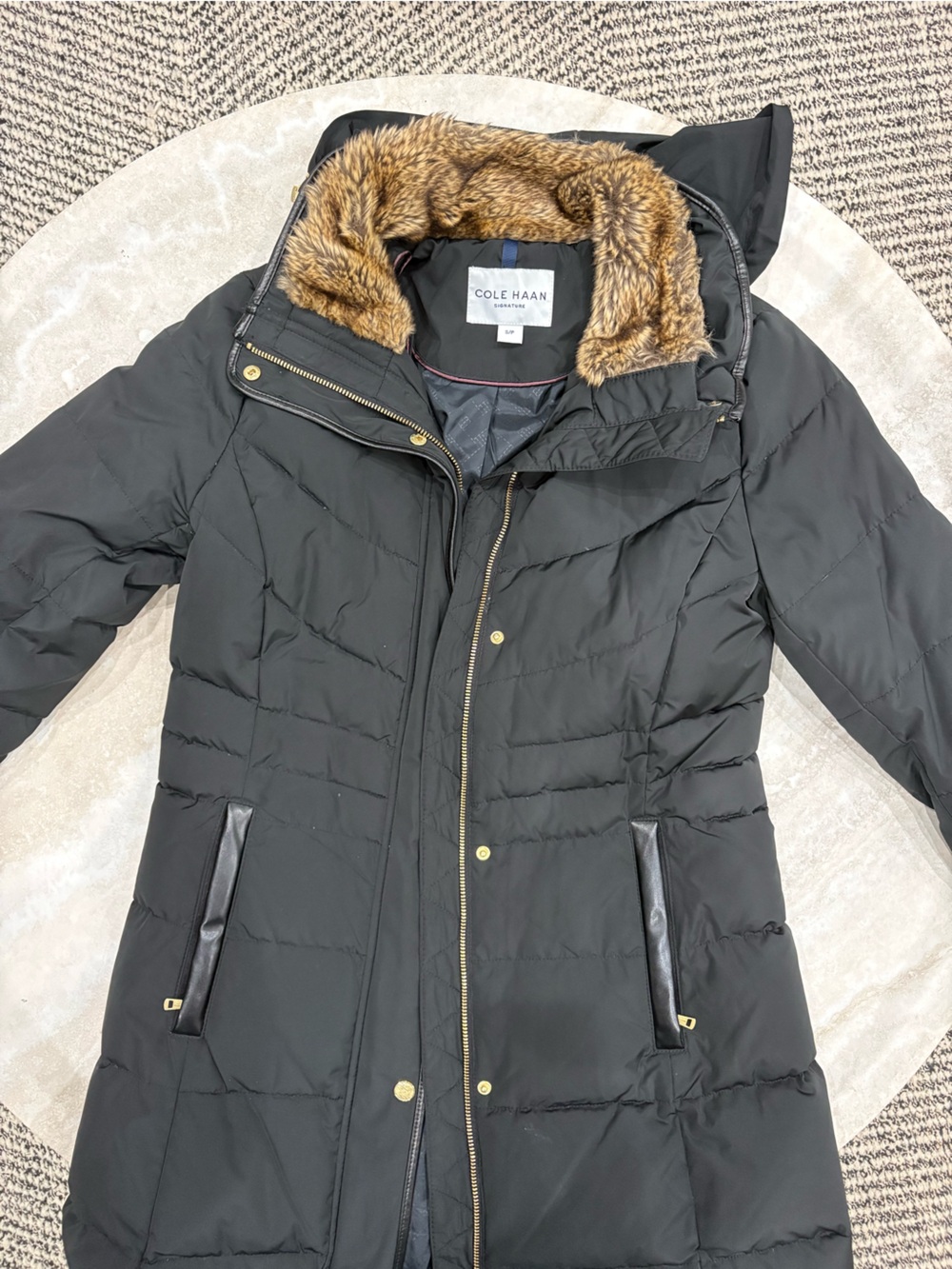 Cole Haan Signature Black Long Puffer Coat Faux Fur Gold Hardware S